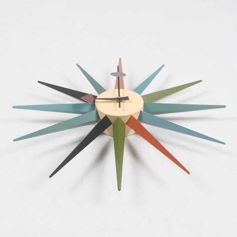 48cm Sunburst Atomic Wooden Wall Clock Mid Century Multi Color Handmade Antique Modern Star Wall Clock For Bedroom Living Room