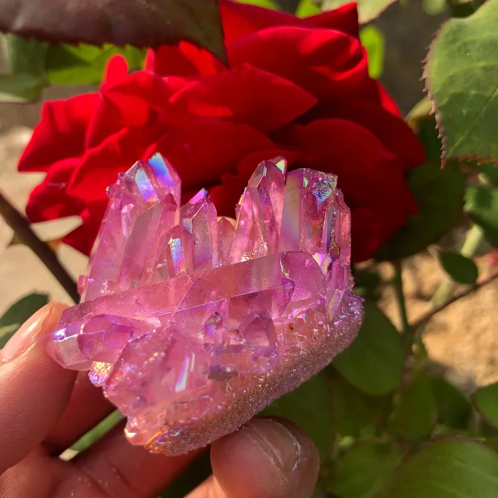 Rare beautiful rose flame halo quartz crystal cluster specimen healed