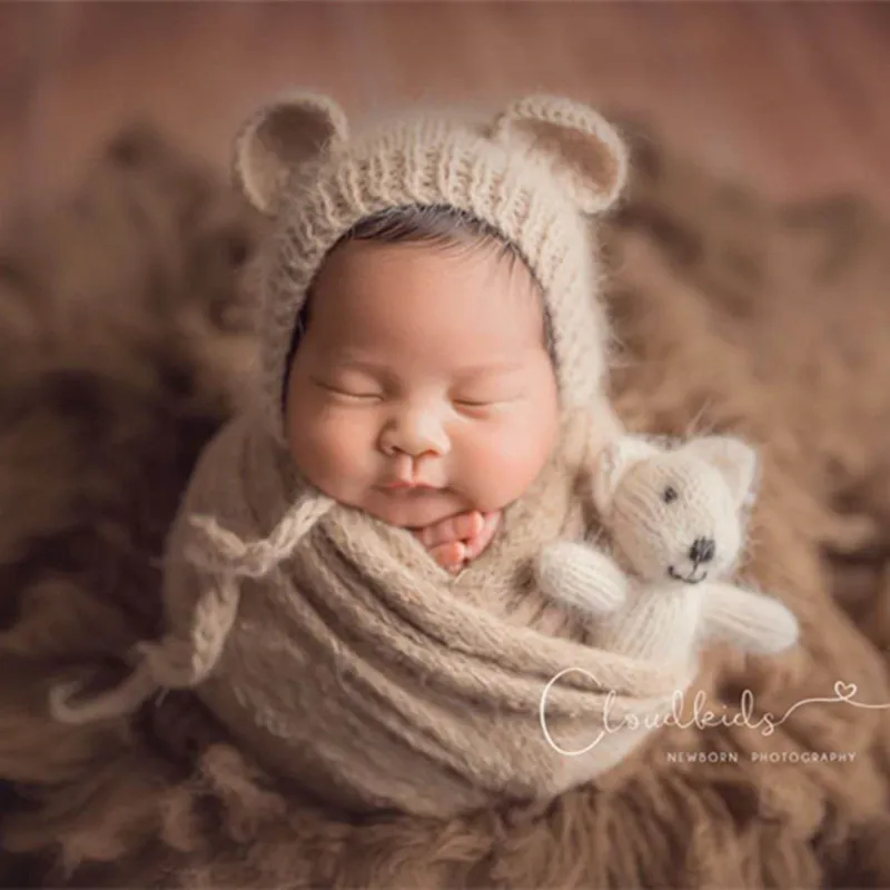 Angora Teddy Bear Bonnet oyuncak seti yenidoğan kabarık streç örme şal bebek doldurma dolgu hayvan oyuncak fotoğraf sahne katmanlı kumaş