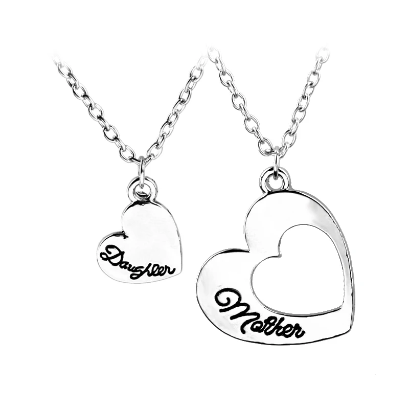 Letter Engraved Mother Daughter Matching Love Heart Pendant Set of Two Mom Girl Necklaces Mothers Day Gift Family Jewelry