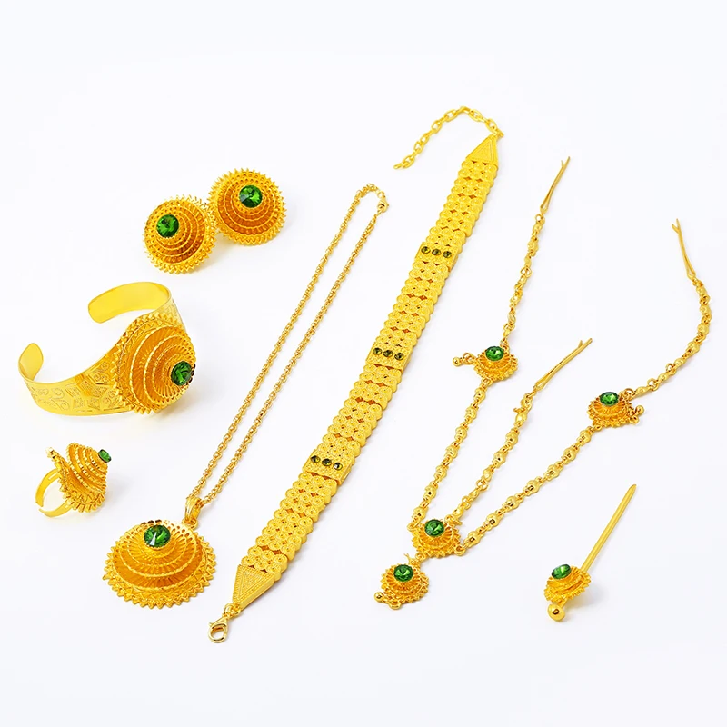 Ethlyn Luxury Ethiopian Eritrean Traditional Jewelry Choker Sets Gold Color Stone Wedding Jewelry Sets Women S097