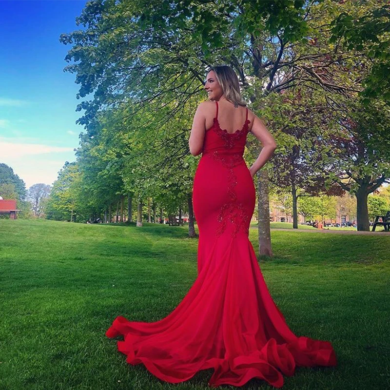 2019 Robe De Soiree Long Red Gorgeous Mermaid Evening Dresses Red Appliques Women Formal Party Dress Prom Gown Vestido De Festa