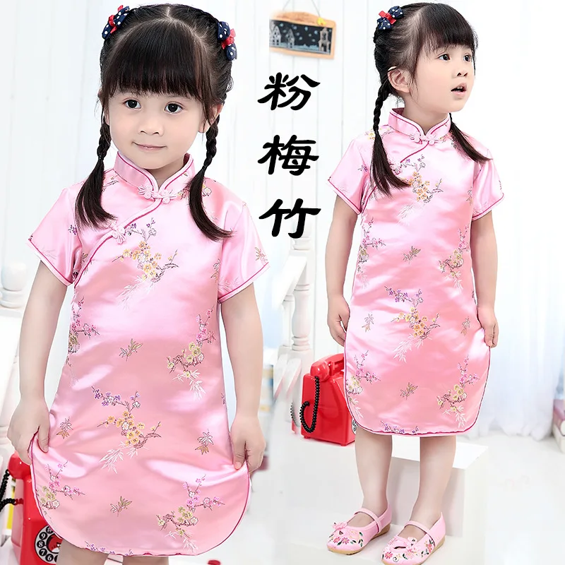 Girls Kids China Style Chinese Qipao Floral Cheongsam Summer Mini Dress Clothing For Girls