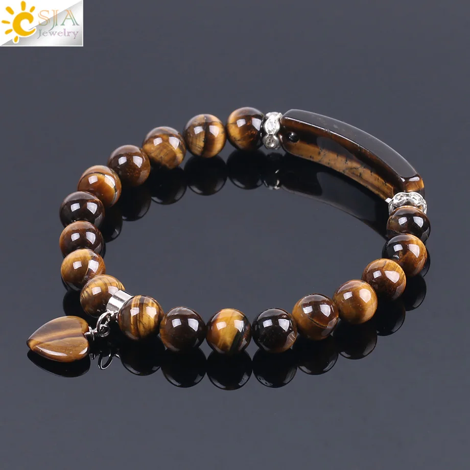 CSJA Natural Stone Beads Tiger Eye Men Strand Bracelets & Bangles Heart Shape Silver Color Fitting Women Jewelry Love F105