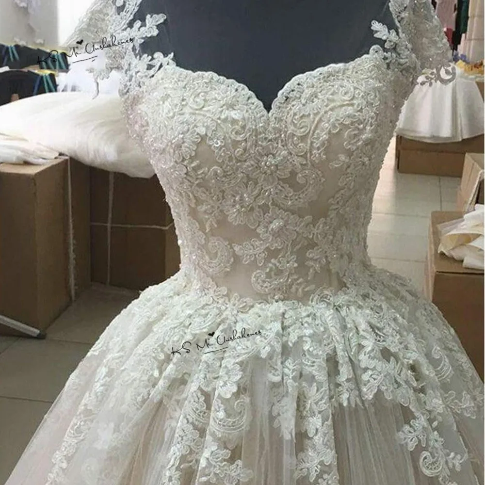 Turkey Champagne Wedding Dress 2019 Lace Vestido de Noiva Princesa Wedding Gowns Cap Sleeve Puffy Vintage Bride Dresses Gelinlik