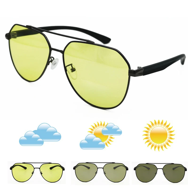 metal combined TR90 light weight pilot style night vision and photo chromatic  polarized 2 functions sunglasses for men women