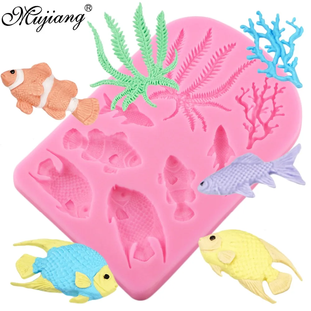 3D Coral Seaweed Chocolate Fondant Mold Fish Candy Clay Molds Christmas Cake Border Silicone Cake Decorating DIY Cupcake Baking