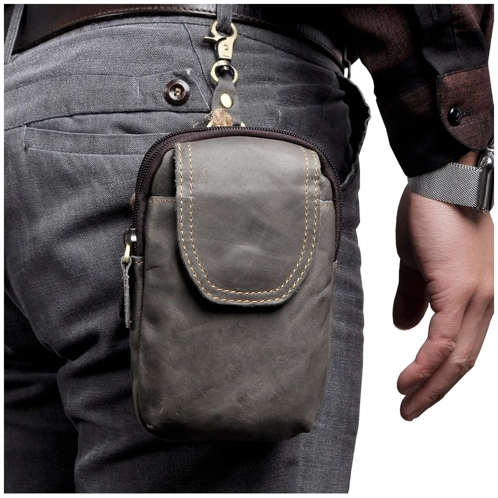 Real Leather men Casual Design Small Waist Bag Pouch Cowhide Fashion Hook Waist Belt Pack Cigarette Case Phone Pouch 013