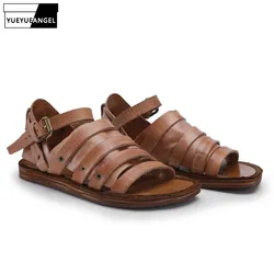 Luxury Handmade 100% Cowhide Genuine Leather Men Gladiator Sandals Summer Shoes Casual Vintage Flats Beach Slipper Strap Sandals