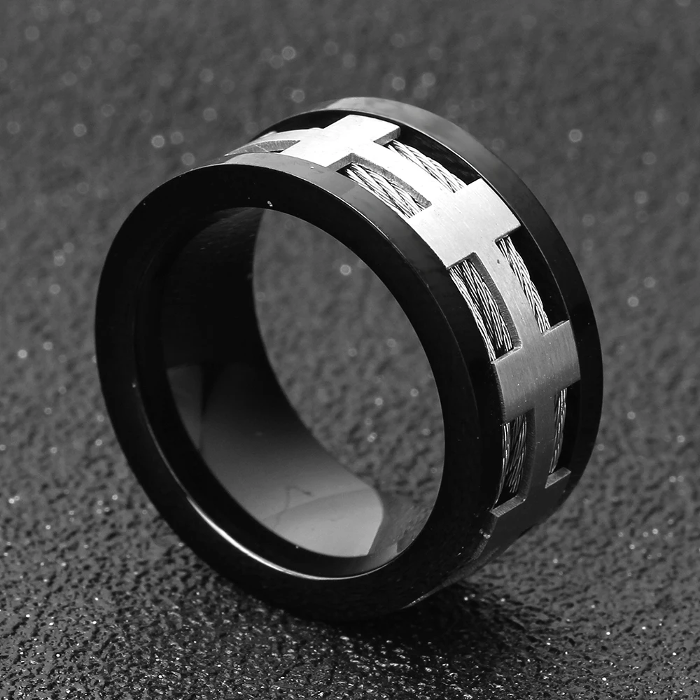 Hot Fashion Deisgn IP Black Plating 316L Stainless Steel Pave Matte Finish and Unique Cross For Punk Style Ring Jewelry