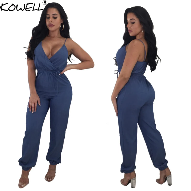 Kowell-Mono vaquero sin mangas para mujer, traje Sexy de tirantes con cuello en V profundo, Espalda descubierta, largo, para Fitness, para fiesta y Club