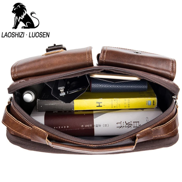 Laoshizi Saco do mensageiro do ombro do couro genuíno para homens, saco Crossbody do vintage, sacola do negócio, saco do mensageiro do homem