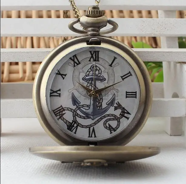 Fashion Bronze The Rudder Anchors Roman Numeral Dial Quartz Pocket Watch Analog Pendant Necklace Mens Womens Watches Chain Gift