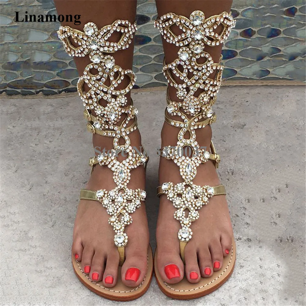 

Summer Fashion Ladies Bling Bling Rhinestone Flat Gladiator Sandals Click Toe Crystal Beach Sandals Booties Big Size 44