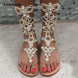 Summer Fashion Ladies Bling Bling Rhinestone Flat Gladiator Sandals Click Toe Crystal Beach Sandals Booties Big Size 44