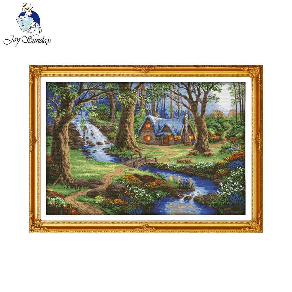 

Joy Sunday scenic style The cabin in the forest needlecraft stamped detailed cross stitch patterns for 14ct or 11ct