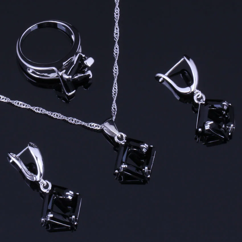 

Silky Quadrilateral Black Cubic Zirconia Silver Plated Jewelry Sets Earrings Pendant Nacklace Chain Ring V0974