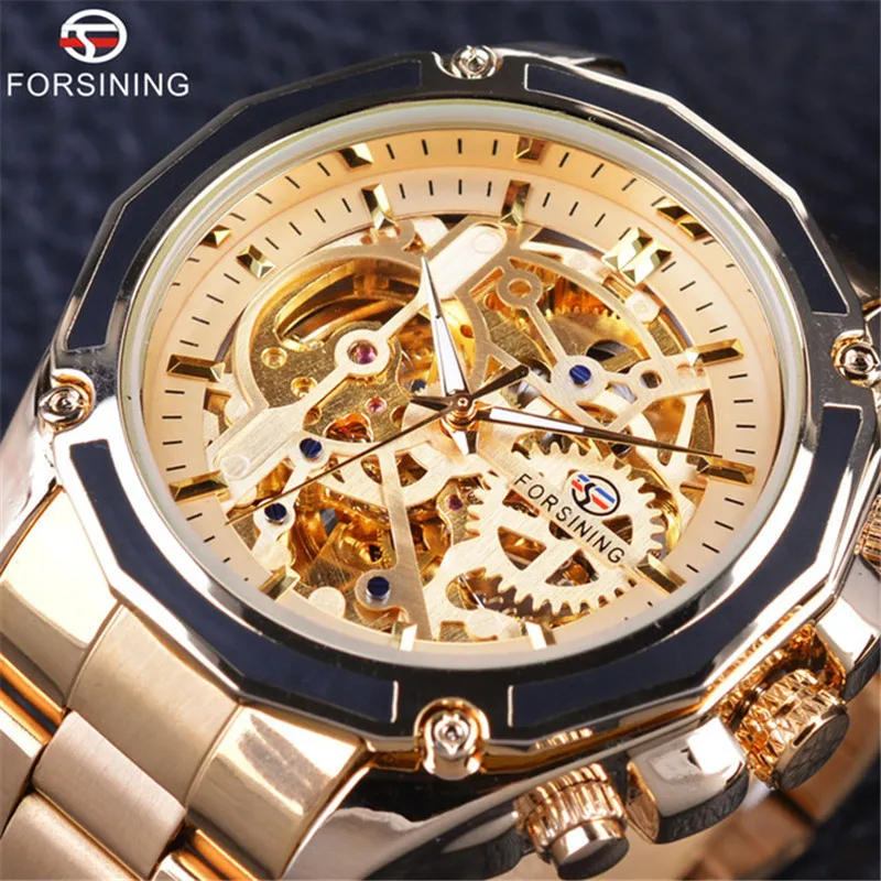 Fashion Forsining Top Brand Transparenthollow Luminous Hand Gear Movement Retro Royal Design Men Mechanical Skeleton Wrist Watch