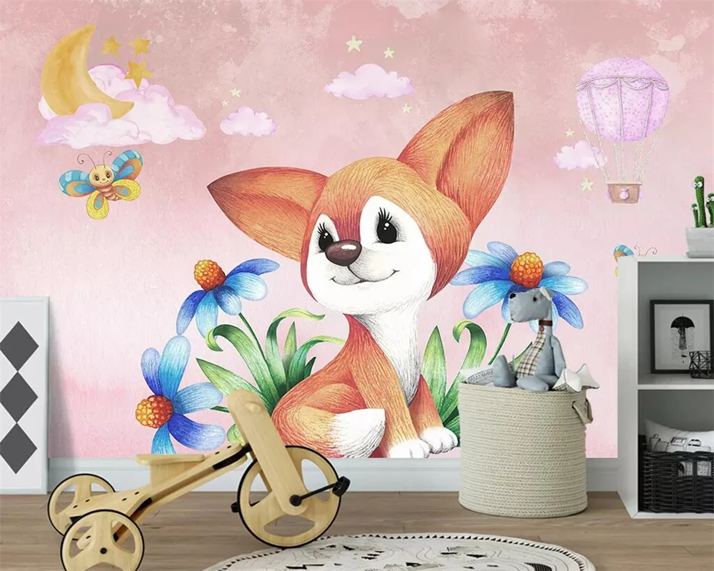 

Beibehang Custom wallpaper cartoon hand-painted fox cloud hot air balloon children bedroom background decorative 3d wallpaper