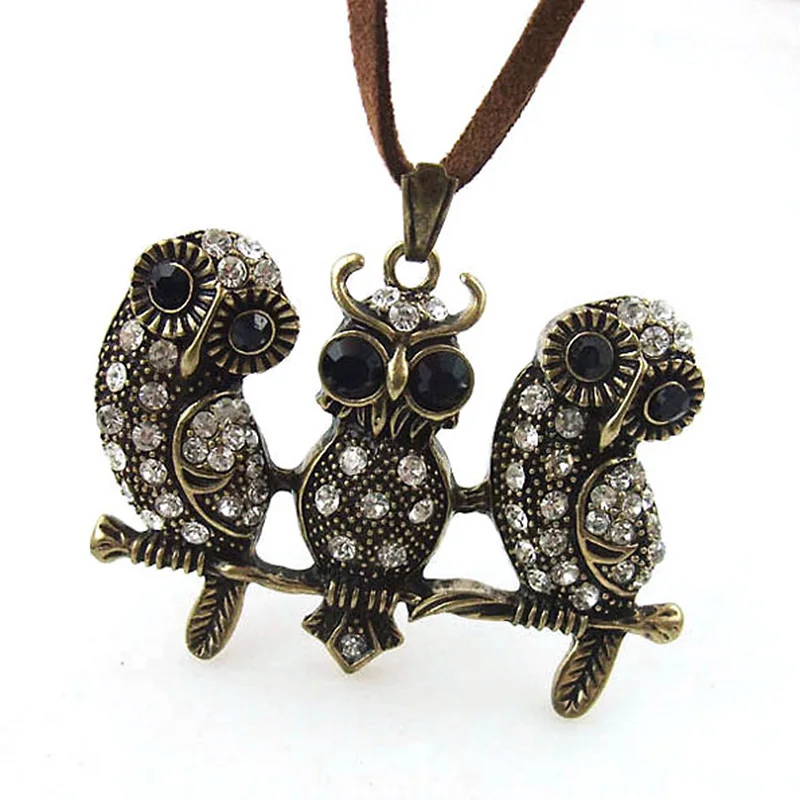 Trio Owl Rhinestone Pendant Suedo Rope Necklace Women Vintage Style Retro Three Animal Bronze Metal Long Necklaces Lady Jewelry