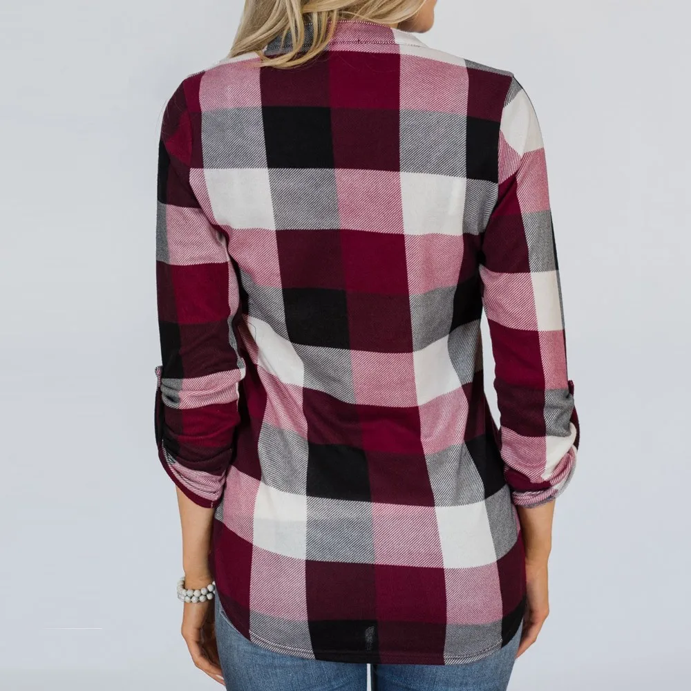 Fashion Women Roll Up Long Sleeve Sexy V-neck Tee Top Plaid Blouse Shirt Loose Casual Daily Female Blouses Tops Blusas Pullover