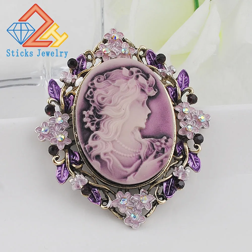 Rhinestone Trendy Brooch Pins Painting Hollow Out Flower Vintage Style Cameo Beauty Head Brooch