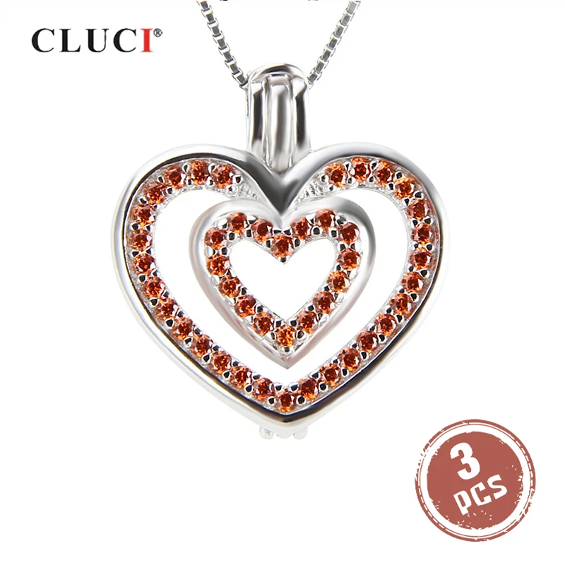 

CLUCI 3pcs 925 Sterling Silver Valentine Pendant for Women Necklace Jewelry Double Hearyt Shaped Silver 925 Pearl Locket SC187SB