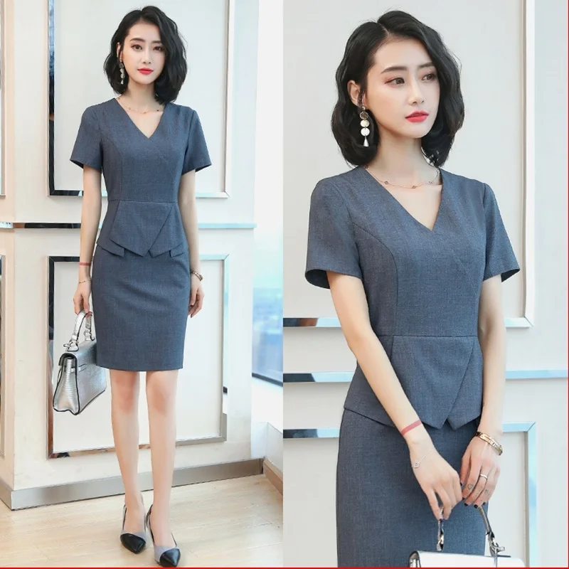 

Office Dresses Ladies 2019 Busines Dress V Neck Short Sleeve Summer Uniform For Office Korean Style Clothing Work Dress DD2089