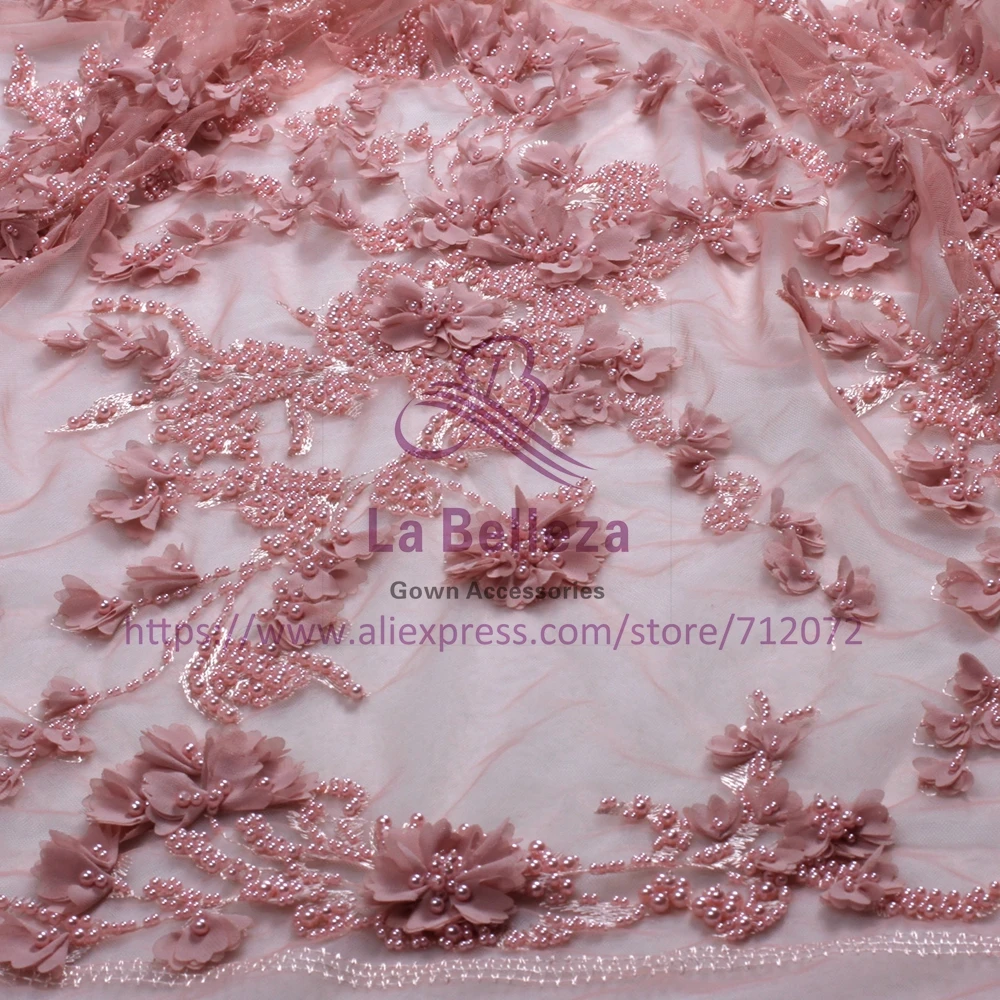 

New fashion style handmade 3D chiffon flowers with beads on netting embroidered wedding dress/evening dress lace fabric by yard