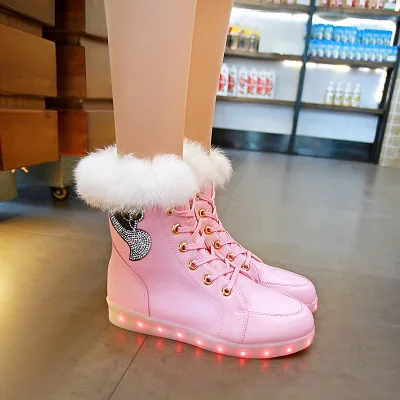 2021 Fleece Snow Boots Women UBS LED Light Shoes Casual Rabbit Hair Ankle Boots Shoes Winter Boots Warm Ladies Flat Shoes Mujer