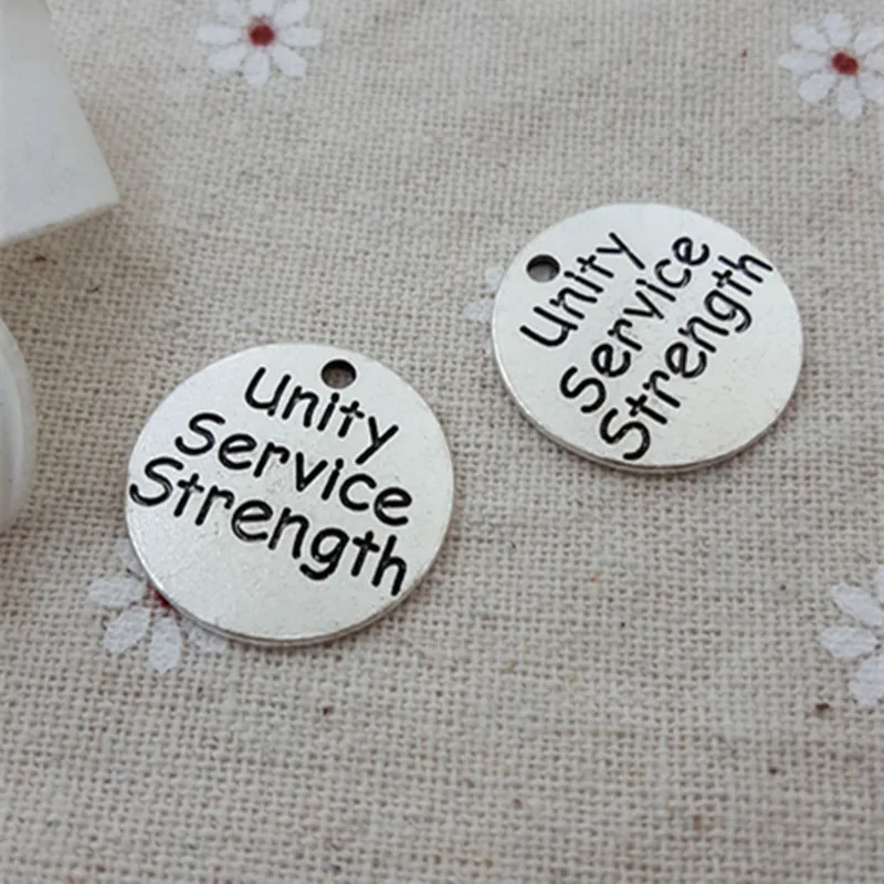 2021 Hot selling 10 pcs/Lot 23mm Antique Silver colour letter printed Unity Service Strength charm round disc message charms