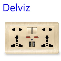 Delviz International universal 5 Hole Socket,USB Charger Port,AC110V-250V, EU Standard Wall Power Socke Dual USB Switched Outlet