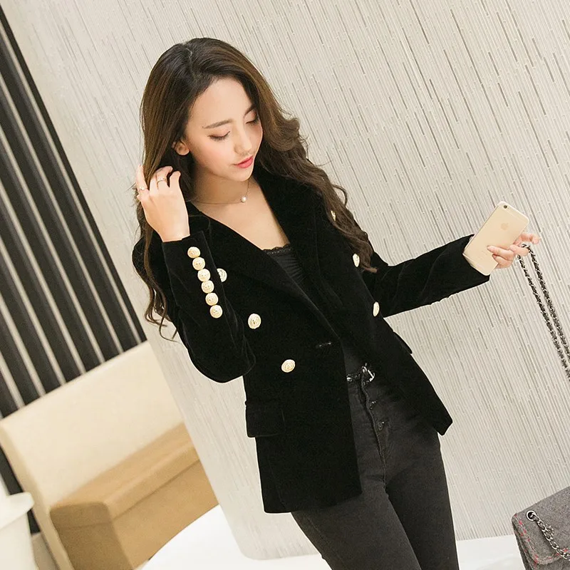 Brand New Fashion Spring Autumn Women Wine Black Slim Velvet Blazer Jacket Double Breasted Simple Lady Blazers OL Clothing