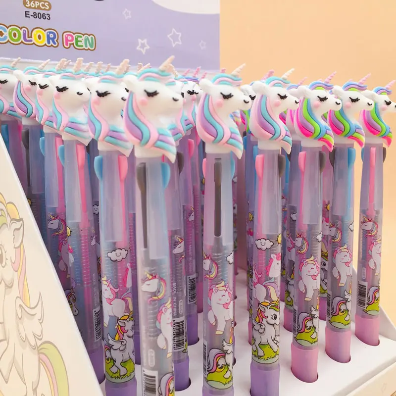 2Pcs/set Cute Unicorn 3 Multicolor Retractable Ballpoint Pen Kawaii Shuttle Pens for School Office Supplies Gift