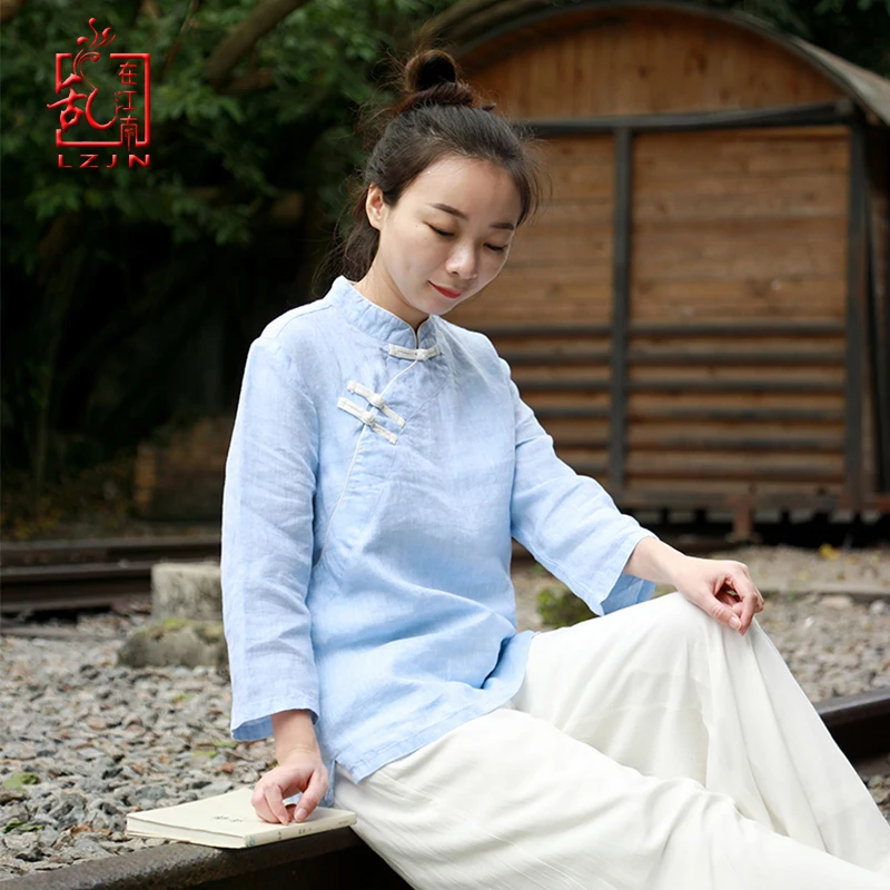 LZJN Frauen Shirts Stehkragen Casual Blusen 2019 Frühling Chinesischen Stil Retro Leinen 3/4 Hülse Bluse Qipao Top Hemd