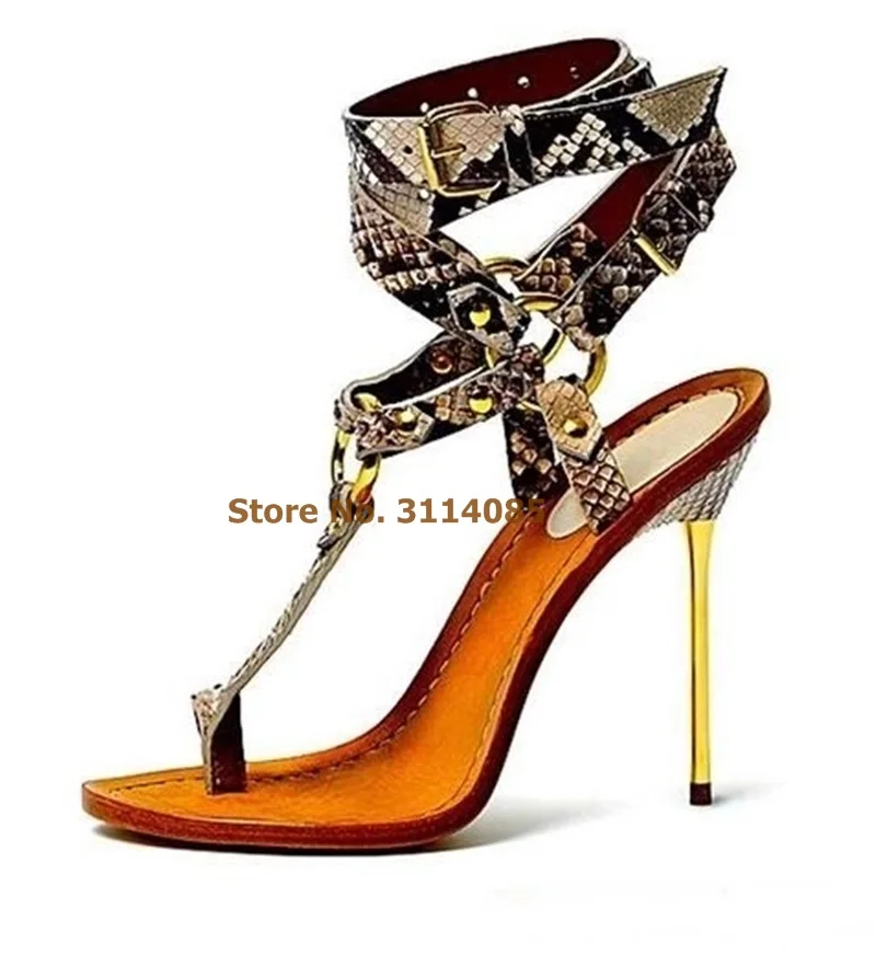 

Women Sexy Gold Metal Heels Snakeskin Sandals Ring Buckle Stiletto Heels Dress Pumps Cross Strappy Gladiator Sandal Shoes