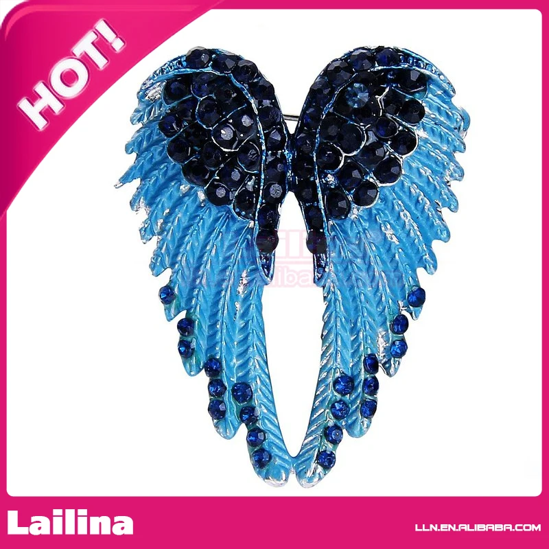 Free Shipping 30*40mm Crystal Enamel Angel Wings Brooch Pin Blue