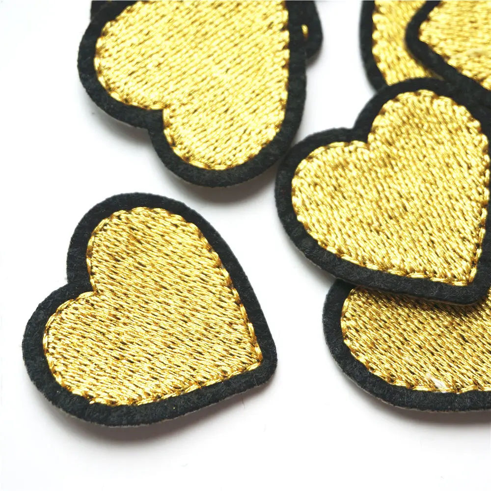 10PCS Gold Hearts Black Edge Fabric Embroidery Sew Iron On Patches Badges For Clothes DIY Appliques Craft Decoration Sticker