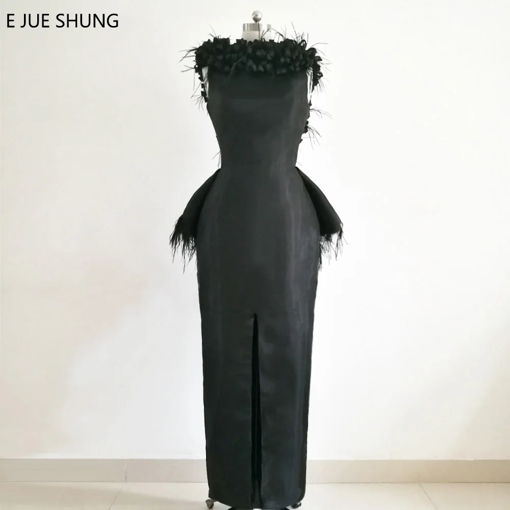 E JUE SHUNG Schwarz Organza Feder Luxus Abendkleider Lange Blumen Nahen Slit Formale Kleider Mutter der Braut Kleider