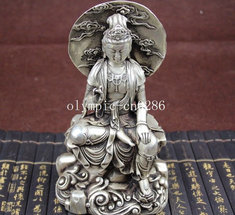 

8'' tibet bronze copper silver plating carvings buddhism Avalokitesvara Guanyin