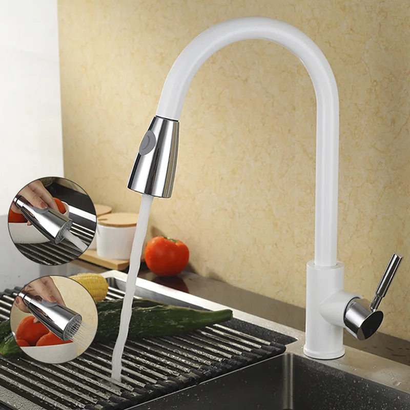 

Kitchen Sink Faucets White Chrome Finish Brass Kitchen Faucet Pull Out Spring Spout Mixer Tap Single Handle Hot Cold Swivel Taps