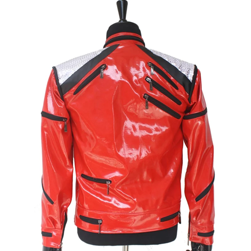 Dance King Michael Jackson Beat It Light Red Leather Jacket in Punk Zippers Impersonator