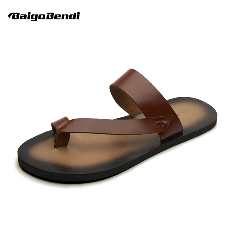 New Men\'s Real Leather T-Strap Tongs Flip-Flops Shoes Casual Man Slipper Sumemer Outdoor Slides