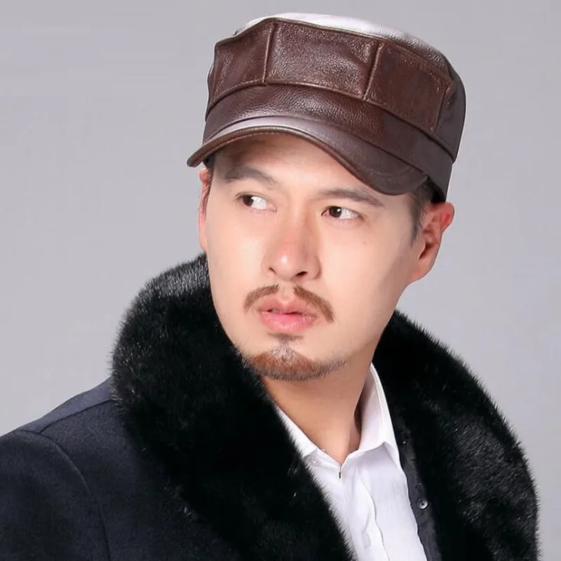 Leather Cap Men's Fall Winter Flat Top Visor Hat Cowhide Casual Solid Color Middle Aged Elderly Male Fashion Forward Caps H6979