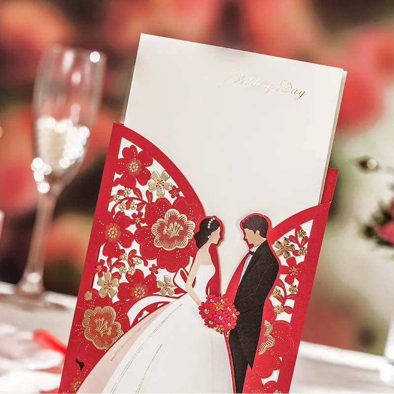 Wedding Decoration Red Laser Cut Wedding Invitations 50pcs Luxurious Elegant Bride Groom Invitation Cards for Wedding 2019