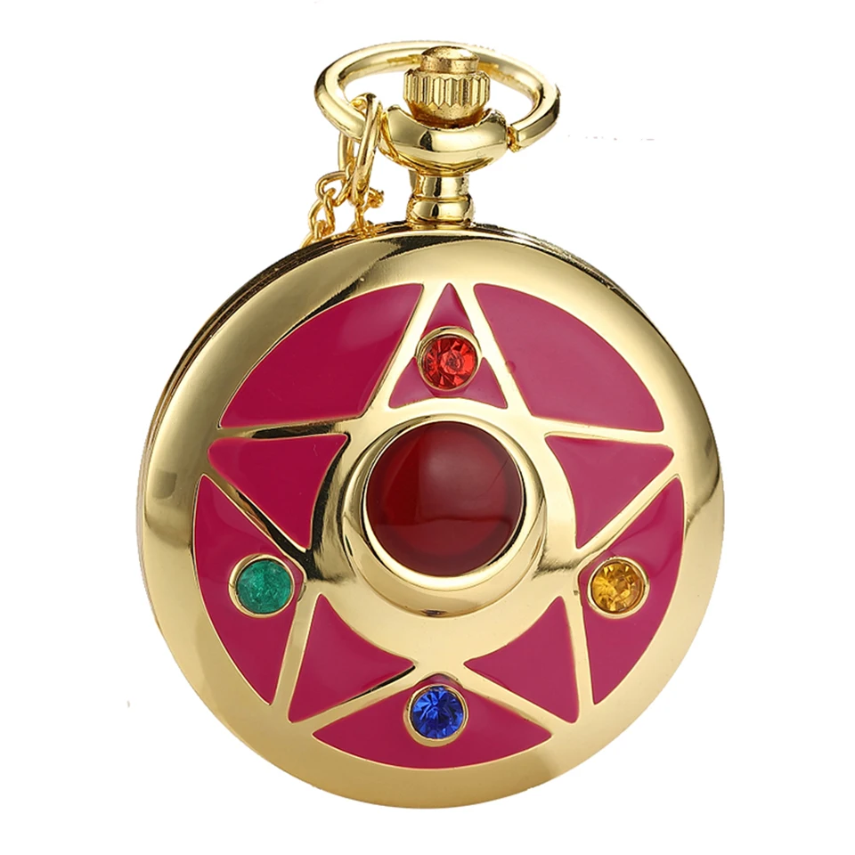 Reloj de bolsillo dorado de Anime japonés para mujer, collar de estrella, Gema rosa, colgante de cadena, reloj mágico, regalo para niñas