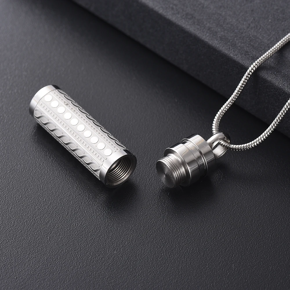 Cylinder Cremation Jewelry Human or Pet Funeral Ashes Hollow Pendant Perfume Bottle Stainless Steel Memorial Urn Necklace