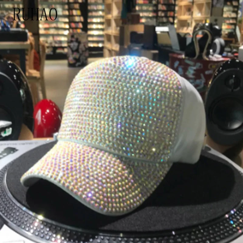 

RUHAO 2019 Rhinestones Baseball Cap For Women Summer Cotton Hat Girls Snapback luxury pearl Sequins Hip hop hat Gorras Casque