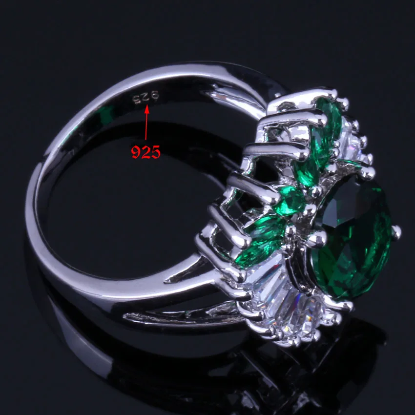 Glowing Flower Green Cubic Zirconia White CZ Silver Plated Jewelry Sets Earrings Pendant Chain Ring V1004