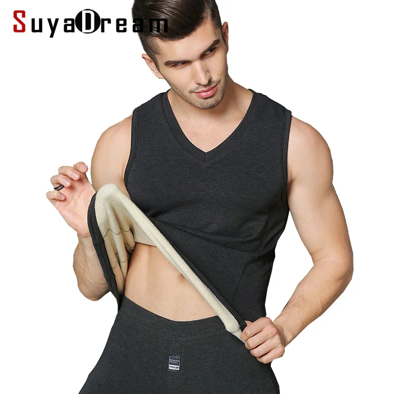 

Men basic Tank Tops 100%Natural Silk Fleece Solid tank Mens V neck Slim top 2021 Fall Winter New Black